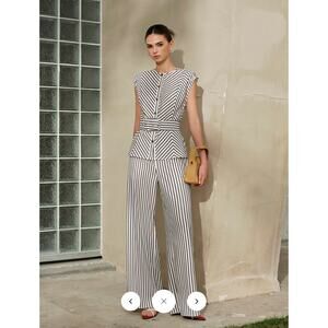 Commense Striped Metal Round-Neck Shirt With Belt & Wide-Leg Pants Set Sz XS